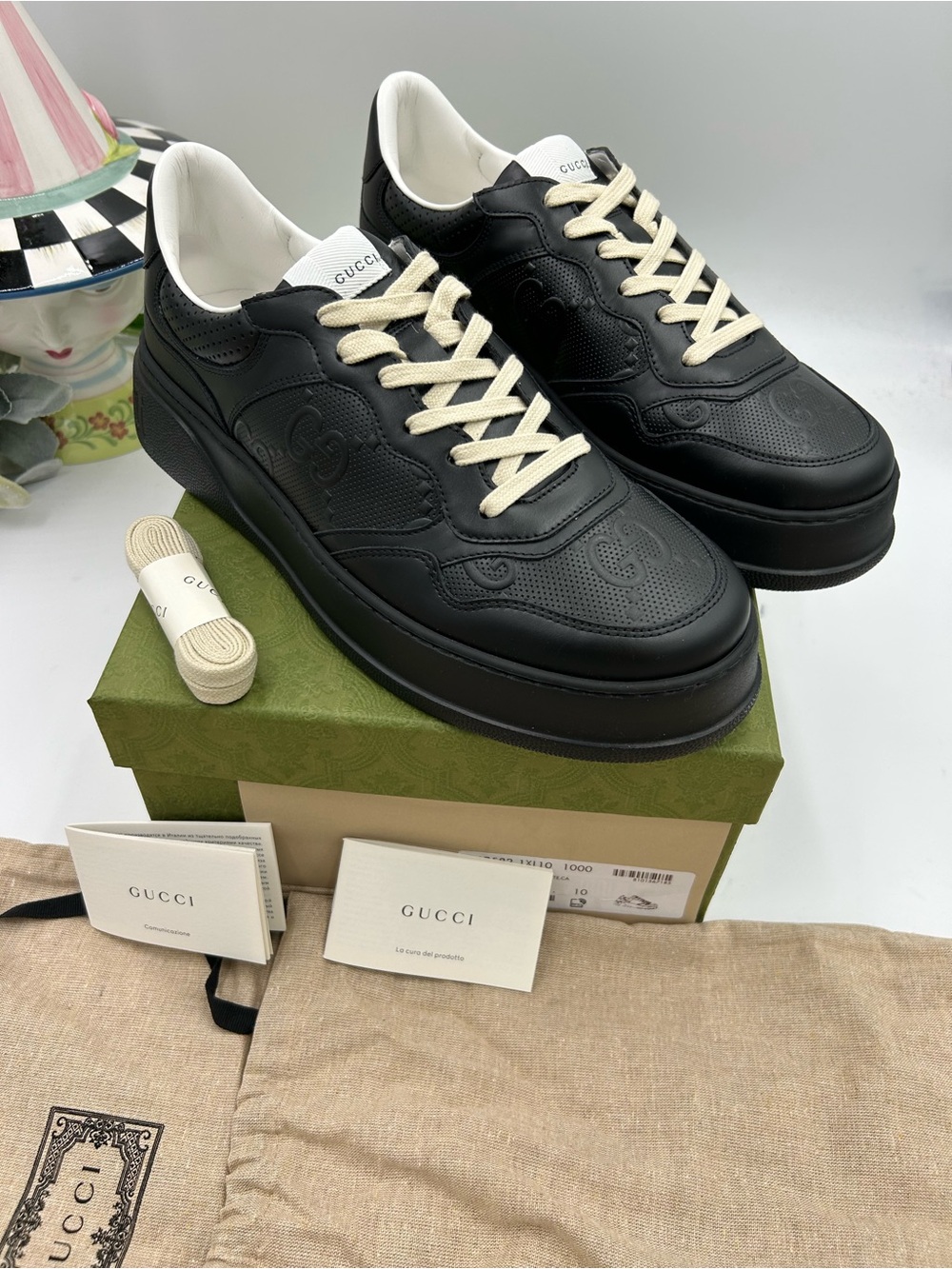 Men's Gucci GG embossed black leather sneakers size 10 fits 10.5 US made Italy - Picture 2 of 15